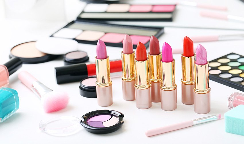 Cosmetics set, skincare routine and beauty accessories